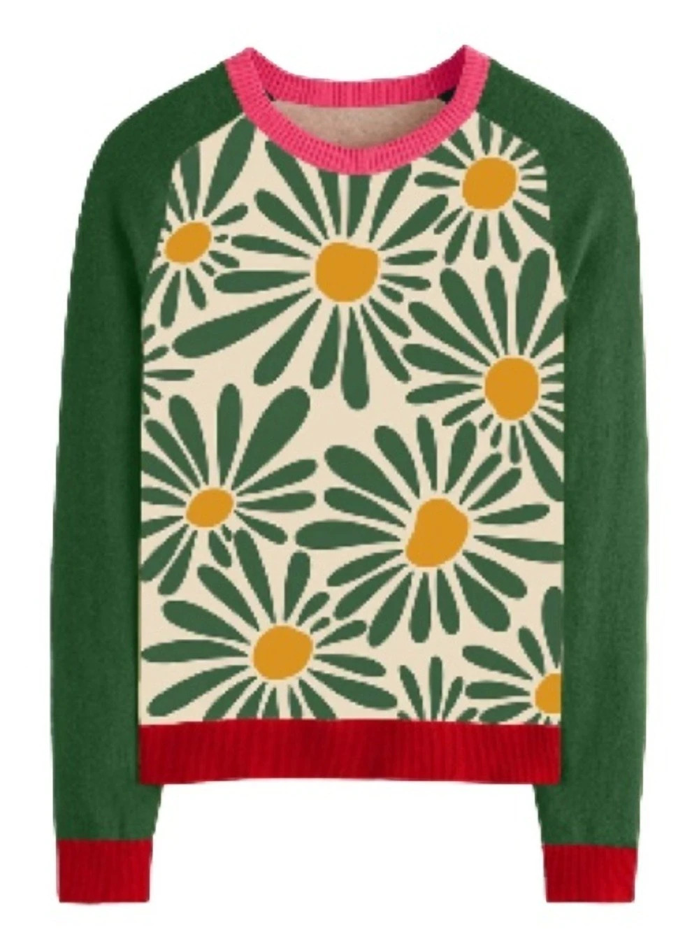 OXKNIT Retro Daisy Sweater Floral Knit Green & Pink